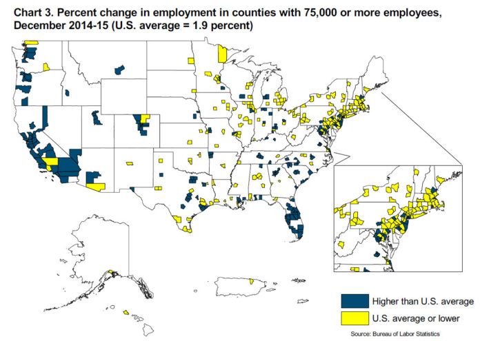 THE U.S. BUREAU OF LABOR STATISTICS  said Providence County had a 1.1 percent increase in employment over the year in December, while Rhode Island experienced a 1.5 percent increase in employment during that same time frame. The average U.S.  employment increase over that time period was higher at 1.9 percent. / COURTESY U.S. BUREAU OF LABOR STATISTICS