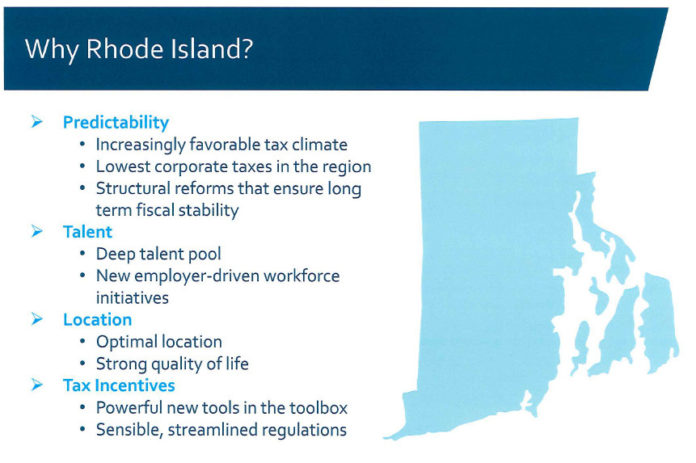 THIS IS ONE OF THE slides that was presented to General Electric officials last year about Rhode Island's advantages. / COURTESY R.I. COMMERCE CORPORATION