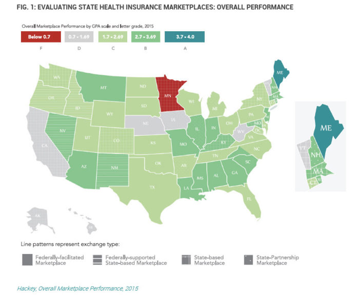 RHODE ISLAND received an overall grade of B- from the College and University Research Collaborative, which recently evaluated the performance of state health insurance marketplaces. Maine was the only state to receive an A grade. / COURTESY THE COLLABORATIVE