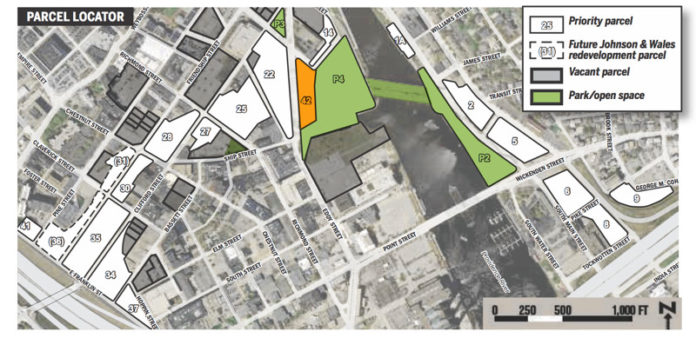 PICTURED IS Parcel 42, a 1.08-acre sliver of land that fronts Parcel 4, the proposed 5-acre district park that is the downtown landing for the pedestrian bridge. / COURTESY I-195 DISTRICT COMMISSION