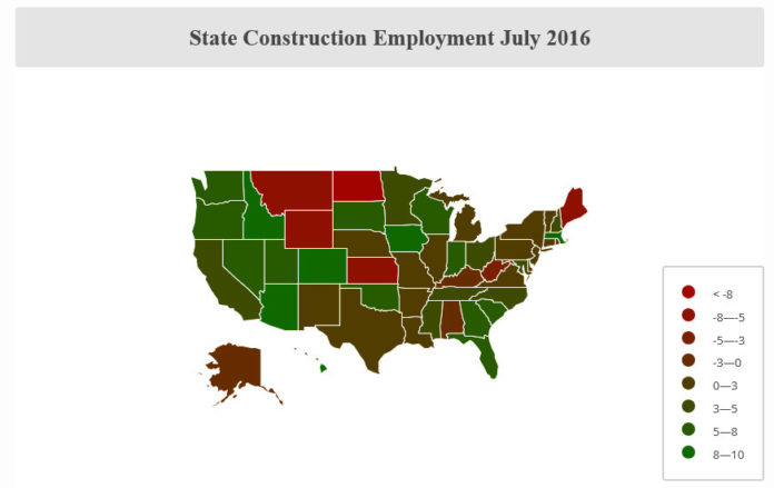 RHODE ISLAND ranked 41st in the United States for its 0.6 percent construction job drop over the year in July, the Associated General Contractors of America said Friday. / COURTESY ASSOCIATED GENERAL CONTRACTORS OF AMERICA