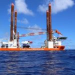 THE BLOCK Island Wind Farm&rsquo;s main turbine installation vessel &ndash; Fred. Olsen Windcarrier&rsquo;s Brave Tern &ndash; arrived late last month. The 30-megawatt project is expected to begin commercial operation in early November. / COURTESY DEEPWATER WIND