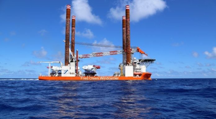 THE BLOCK Island Wind Farm’s main turbine installation vessel – Fred. Olsen Windcarrier’s Brave Tern – arrived late last month. The 30-megawatt project is expected to begin commercial operation in early November. / COURTESY DEEPWATER WIND