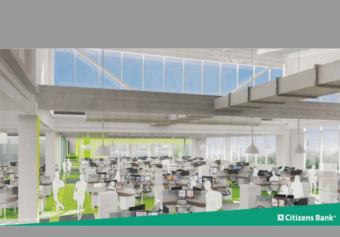 AN INTERIOR rendering of the new Citizens Bank corporate campus in Johnston; the company broke ground at the development site on Wednesday. / COURTESY CITIZENS BANK
