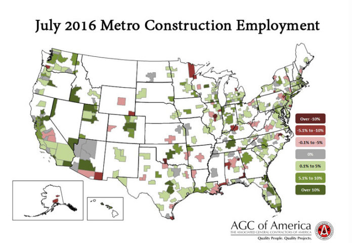 THE PROVIDENCE-Warwick-Fall River metropolitan area ranked 189th for its 2 percent construction job gain year over year in July, the Associated General Contractors of America said. / COURTESY ASSOCIATED GENERAL CONTRACTORS OF AMERICA