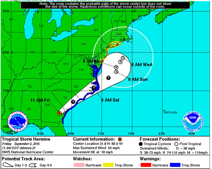 THIS IS THE track of Tropical Storm Hermine, which the National Weather Service said is expected to bring wind and rain to Rhode Island starting on Sunday. / COURTESY NATIONAL WEATHER SERVICE