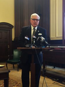 SUPERIOR COURT JUDGE FRANCIS J. DARIGAN explaining the settlement reached between the R.I. Commerce Corp. and all but one of the remaining defendants in the 38 Studios lawsuit stemming from the bonds guaranteed by the state that were used to help attract the video game company to Rhode Island, at a press conference in Superior Court. / PBN PHOTO/ELI SHERMAN