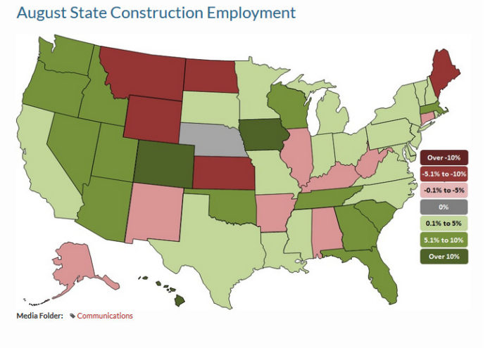 RHODE ISLAND WAS IN THE MIDDLE OF THE PACK among the 50 states and the District of Columbia for construction job growth in the 12-month period through August, with a 1.8 percent increase. / COURTESY ASSOCIATED GENERAL CONTRACTORS OF AMERICA