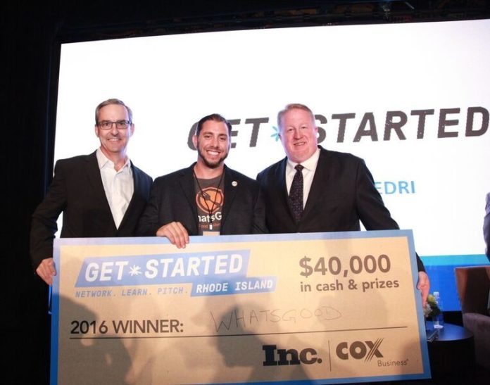 FROM LEFT to right, Ken Kraft, vice president of marketing, Cox Business; Matt Tortora, co-founder and CEO, WhatsGood; and Ross Nelson, vice president of Cox Business Northeast, are seen at the fourth Get Started Rhode Island pitch competition put on by Cox Business and Inc. Magazine Thursday. WhatsGood took home the top prize in the event. / COURTESY COX