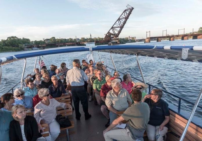 BUILDING BRIDGES: The Bascule Bridge, which once connected East Providence and the capital by rail, is seen in background from aboard The Blackstone Valley Explorer. / PBN PHOTO/MICHAEL SALERNO
