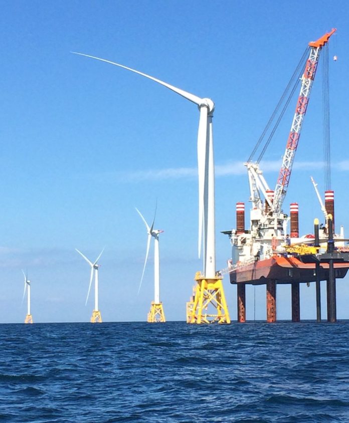 THE FIRST U.S. wind firm off the shore of Block Island being built by Deepwater Wind LLC is scheduled to begin commercial operations in November. / BLOOMBERG NEWS
