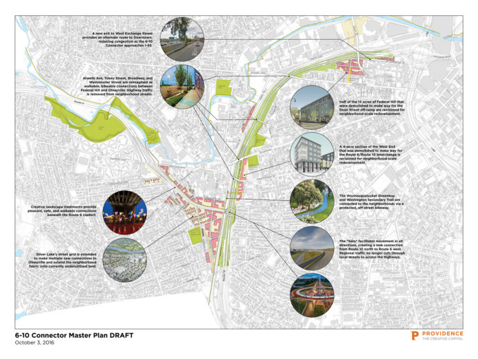 THE CITY'S PLAN for the 6-10 connector aims to create a parkway that opens up neighborhoods and reduces the size of the roadway. For a larger version of this image, click <a href="http://pbn.static3.adqic.com/uploads/original/1475533649_5ef4.jpg">HERE</a>. / COURTESY PROVIDENCE PLANNING DEPARTMENT