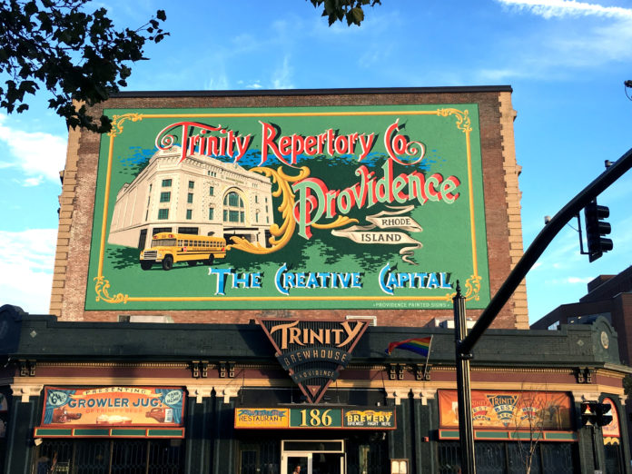 CREATED by Providence Painted Signs, this Trinity Repertory Company building mural is the latest example of public art downtown. / COURTESY TRINITY REPERTORY COMPANY
