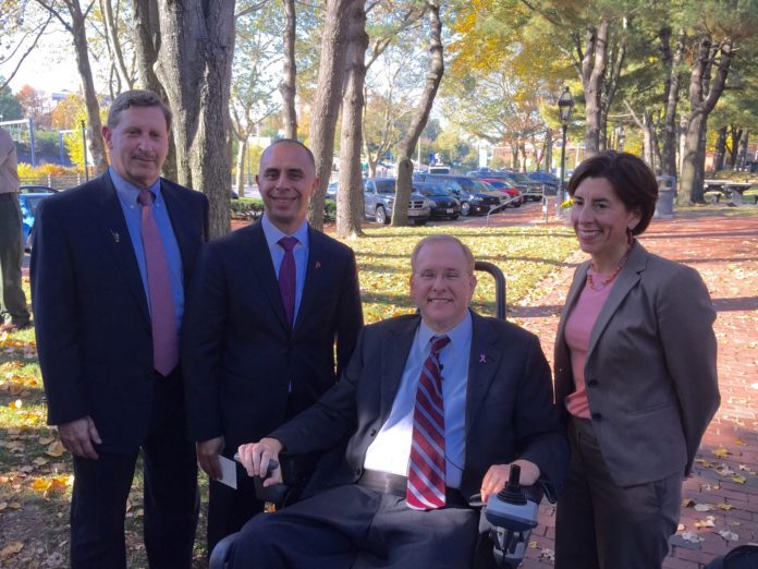 RHODE ISLAND FOUNDATION President Neil D. Steinberg is shown with Providence Mayor Jorge O. Elorza, U.S. Rep. James R. Langevin and Gov. Gina M. Raimondo at the announcement for the Roger Williams Initiative on Tuesday. / COURTESY RHODE ISLAND FOUNDATION