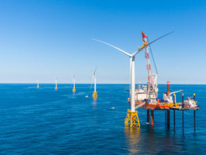 READY TO SPIN: Deepwater Wind LLC finished installing the last of its five offshore wind turbines this fall. The company expects to start generating energy for consumption before year's end. / COURTESY DEEPWATER WIND