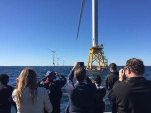 MAKING HISTORY: Passengers aboard the Ava Pearl, a high-speed catamaran owned by Rhode Island Fast Ferry, tour the nation's first offshore wind farm off the coast of Block Island. / PBN PHOTO/ELI SHERMAN