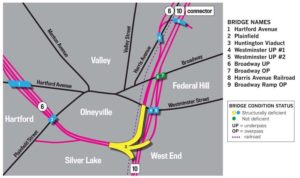 DEFICIENTBRIDGES:Seven of the nine bridges along the Route 6-10 connector are structurally deficient, as shown by this R.I. Department of Transportation diagram. / SOURCE: R.I. DEPARTMENT OF TRANSPORTATIONPBN ILLUSTRATION: LISA LAGRECA