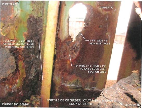 RUSTED OUT: A state inspection of the Hartford Avenue bridge that's part of the Route 6-10 connector found significant deterioration, including a rust hole shown above. / COURTESY R.I. DEPARTMENT OF TRANSPORTATION