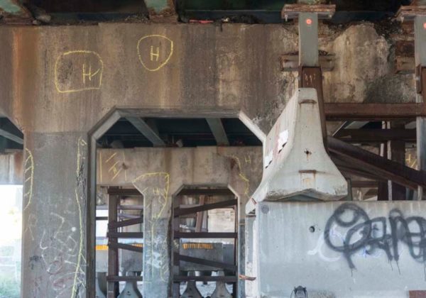 SAFETY RISK? Hollow spots, marked in yellow with an &quot;H&quot; above, were found along the Huntington Viaduct bridge that's part of the Route 6-10 connector. / PBN PHOTO/MICHAEL SALERNO