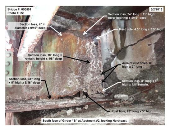 ATTENTION-GETTING: Section loss and rust holes were identified in several places during a state inspection of the Westminster Street bridge No. 1 that's part of the Route 6-10 connector. / COURTESY R.I. DEPARTMENT OF TRANSPORTATION