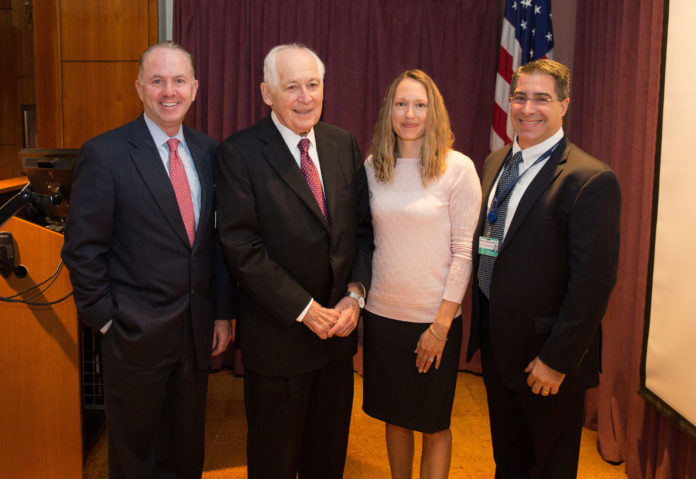 DR. TIMOTHY Babineau, Lifespan’s president and chief executive officer; Judge  Bruce M. Selya; award-winner Jennifer A. Sanders and Peter J. Snyder, Lifespan’s senior vice president and chief research officer, gather for the presentation of the 2016 Bruce M. Selya Award for Excellence in Research. / COURTESY LIFESPAN