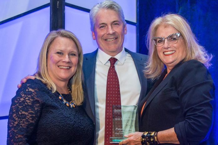 THE 2016 PROVIDENCE WARWICK CONVENTION & VISITORS BUREAU Hall of Fame winner, Peter Conway of Conway Tours/Gray Line of Rhode Island, is shown with PWCVB President & CEO Martha Sheridan, on left, and PWCVB Board Chair/RIHA President & CEO Dale Venturini, on right. / COURTESY N. MILLARD/GOPROVIDENCE