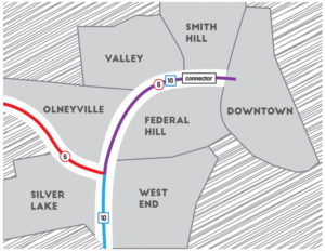 SHARP DIVIDE: The Route 6-10 connector runs through six Providence neighborhoods before meeting Interstate 95 downtown. Neighborhood advocates have long argued the roadway divides residents and businesses, which fosters unfair social and economic isolation in certain areas of the city. / SOURCE: R.I. DEPARTMENT OF TRANSPORTATIONPBN ILLUSTRATION: LISA LAGRECA