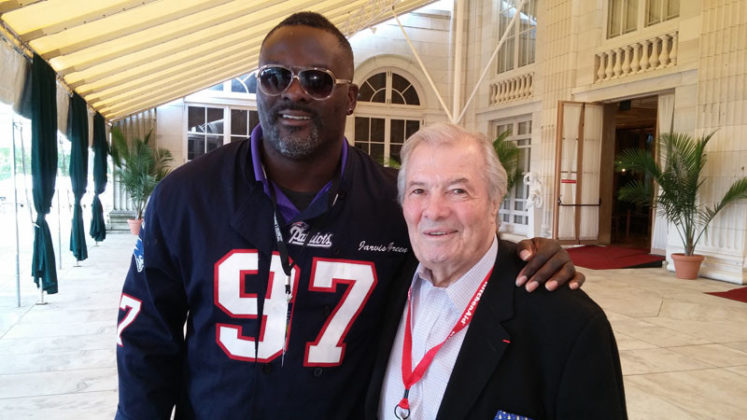 CULINARY LUMINARIES: Jarvis Green, left, a shrimp merchant and former New England Patriot, with celebrity chef Jacques Pepin at this fall's Newport Mansions Wine and Food Festival. / COURTESY BRUCE NEWBURY
