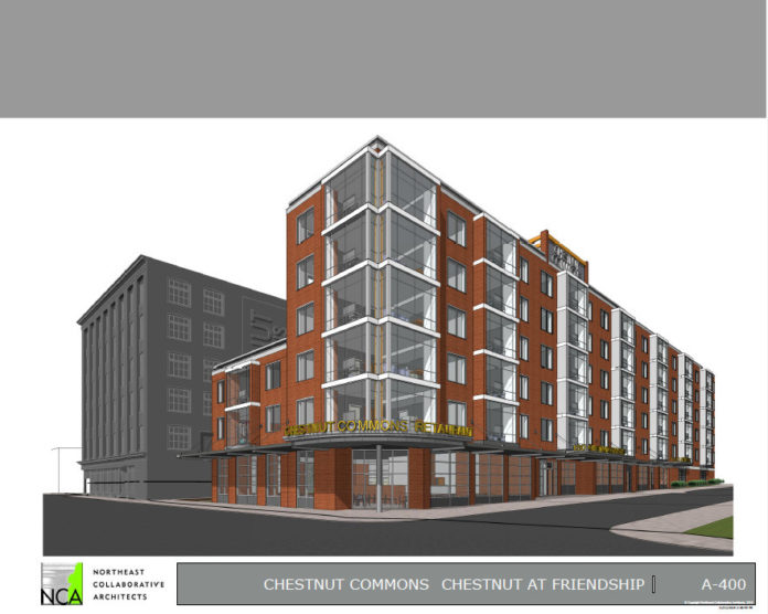 THIS 3-D RENDERING shows the proposed plan for Chestnut Commons, a development of modern residential apartments in the Interstate 195 Redevelopment District. It would include 91 apartments, as well as 5,200 square feet of retail and an interior courtyard. / COURTESY NORTHEAST COLLABORATIVE ARCHITECTS
