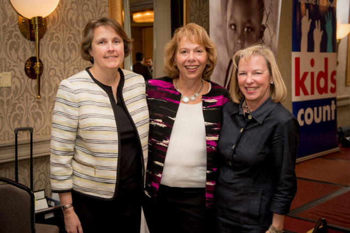 CHILD HEALTH CARE advocates, from left, Jill Beckwith, Rhode Island KIDS COUNT deputy director; Deb Florio, deputy Medicaid director and CHIP director at the Rhode Island Executive Office of Health and Human Services; and Elizabeth Burke Bryant, Rhode Island KIDS COUNT director, gather after the organization’s Nov. 14 luncheon. / COURTESY RHODE ISLAND KIDS COUNT