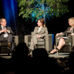 PROVIDENCE EQUITY PARTNERS founder and CEO Jonathan M. Nelson, Gov. Gina M. Raimondo, center, and Greater Providence Chamber of Commerce President Laurie White talk about Rhode Island's business climate, its improving standing among the states and entrepreneurship during the chamber's annual meeting, held Monday evening. / COURTESY ERICK BROWN PHOTOGRAPHY LLC