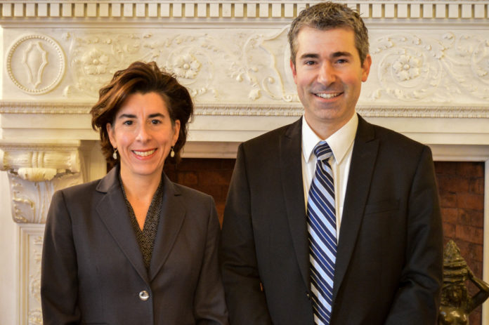 THE STATE has issued a Request for Information to national telecommunications firms for ideas on how Rhode Island can create a nation-leading hub and platform for development and deployment of 5G wireless networks. Richard Culatta, the state's chief innovation officer, pictured with Gov. Gina M. Raimondo, said Rhode Island is an “ideal place” to rollout 5G wireless due to its small size, population density and “ability to provide the regulatory flexibility to test new models.”  / COURTESY GOVERNOR'S OFFICE