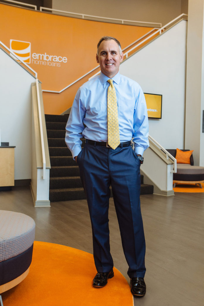 This year, Kurt Noyce celebrated his 25th anniversary with Embrace Home Loans, the last 17 as president. In that time, it has grown from fewer than 100 workers to more than 800, and from annual revenue of $20 million to exceeding $150 million. / PBN PHOTO/RUPERT WHITELEY