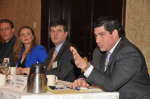 PANELISTS ARE shown at the Cybersecurity Summit hosted by Providence Business News at the Crowne Plaza Providence-Warwick on Thursday. From left to right, Peter Nelson, co-founder of NetCenergy LLC; Francesca Spidalieri, senior fellow for cyber leadership at the Pell Center at Salve Regina University; Timothy J. Edgar, academic director, executive master in cybersecurity & fellow, Watson Institute for International & Public Affairs at Brown University; and Stephen Ucci, counsel from Adler Pollock & Sheehan P.C. and a member of the R.I. House of Representatives. / PBN PHOTO/MIKE SKORSKI