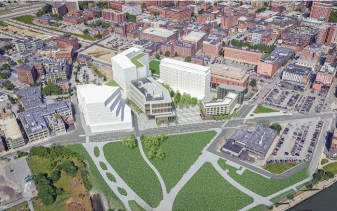 AN AERIAL VIEW of the life sciences and innovation center that Wexford Science & Technology has been approved to build in the former Interstate 195 land in Providence. The first phase of the development is estimated to cost $158 million and will include a 170-room hotel and a 191,000-square-foot Innovation Building. / COURTESY WEXFORD SCIENCE & TECHNOLOGY