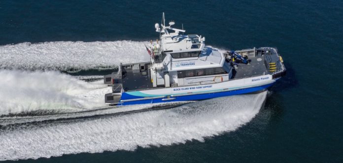 THE ATLANTIC PIONEER, America’s first U.S. flag crew transfer vessel, was voted “Boat of the Year” at the International WorkBoat Show held in New Orleans recently. / COURTESY BLOUNT BOATS INC.