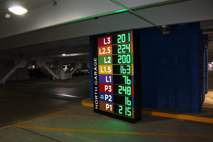 DIGITAL SIGNS indicating how many parking spaces are available on each level of the Providence Place mall parking garage are part of the series of improvements recently made to improve the customer experience in the garage; improvements totaled $20 million. / COURTESY PROVIDENCE PLACE