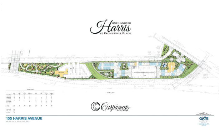 A RENDERING OF THE proposed project, One Hundred Harris at Providence Place. Carpionato Group LLC is proposing to develop a cleared site near the mall with two multi-story apartment structures and a parking garage. / COURTESY GATE 17 ARCHITECTURE 