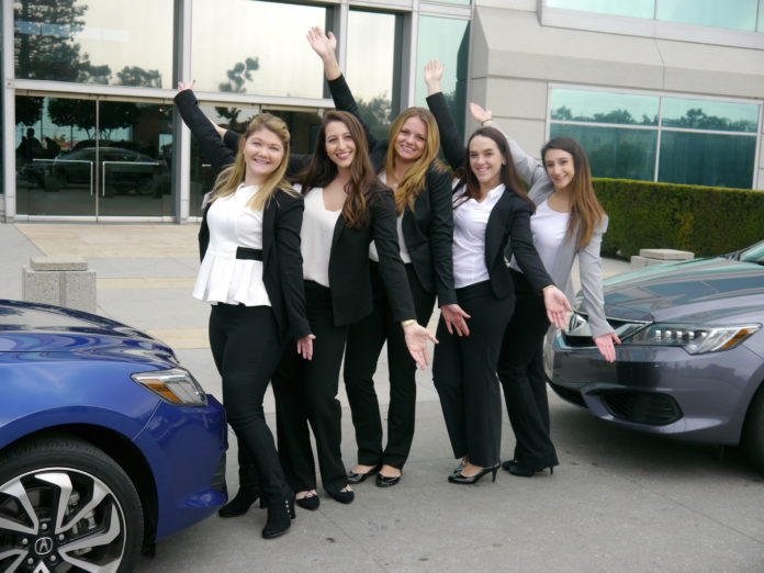 UNIVERSITY OF RHODE ISLAND business students pose for a shot after delivering their winning marketing presentation to executives at the Acura Division of American Honda Motor Co. in California. From left to right, Alison Plunkett of North Kingstown; Tara Larson of North Smithfield; Samantha Valenza of Plainview, N.Y.; Taylor Burns of Cranston; and Kristina Cheamitru of North Smithfield. The presentation was made on behalf of their fall semester Social Media for Marketing class. / COURTESY EDVENTURE PARTNERS