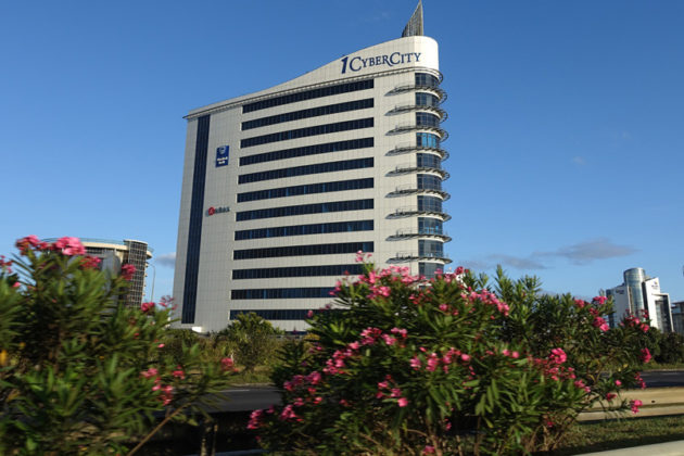 STANDING TALL: This office building is part of Ebene Cybercity, an office district located about 15 kilometers from the capital city of Port Louis in Mauritius. The island nation in the Indian Ocean shares many similarities with Rhode Island. / COURTESY  BARBARA SCHOENFELD