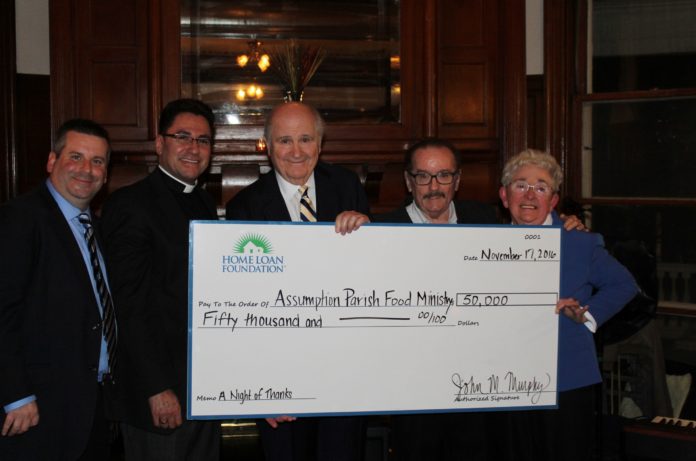 PICTURED FROM LEFT: Rep. Scott A. Slater; Father Gildardo Suarez, Assumption Parish; John M. Murphy Sr., founder and chairman, Home Loan Investment Bank; the Honorable Laurence K. Flynn, chairman, Omni Development Corp.; and Sister Angela Daniels, C.P. / COURTESY HOME LOAN INVESTMENT BANK