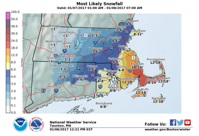 THE NATIONAL WEATHER SERVICE said a winter storm watch is in effect for Saturday, and could bring 4-8 inches of snow to Rhode Island. Areas along the coast are expected to receive more. / COURTESY NATIONAL WEATHER SERVICE