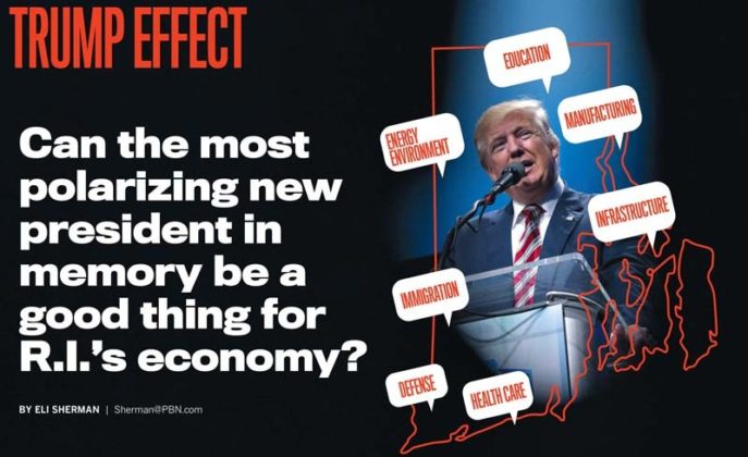 UNEVEN EXPECTATIONS: Presidential candidate Donald J. Trump made a number of policy pronouncements that could have effects on Rhode Island. How many are actually implemented is not clear. / BLOOMBERG NEWS FILE PHOTO/ PBN ILLUSTRATION LISA LAGRECA