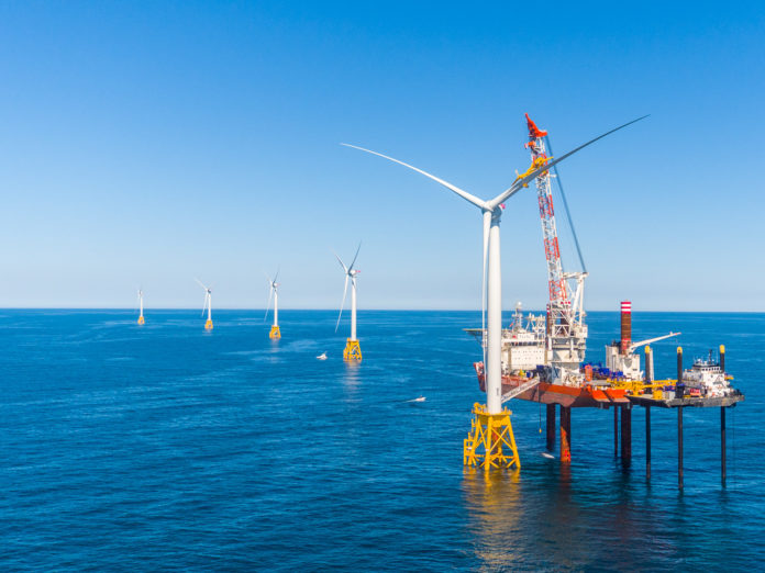 DEEPWATER WIND completed the installation of its five-turbine Block Island Wind Farm in the fall of 2016. Because of a manufacturing error, one of the turbines has been shut down until repairs can be completed. / COURTESY DEEPWATER WIND