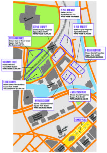 LOTS TO CHOOSE FROM: The R.I. Department of Transportation has identified nine parcels around Providence Station that could be used to develop the Providence Intermodal Transportation Center. Most of them are privately held, but the state has said it will acquire the land, if needed, for the development. / SOURCE: R.I. DEPARTMENT OF TRANSPORTATION