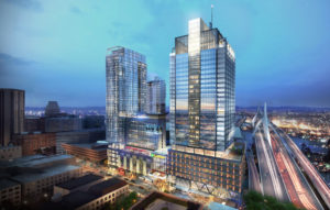 FINISHED PRODUCT: A rendering shows what the The Hub on Causeway in Boston will look like when completed. In collaboration with Delaware North Companies, Boston Properties Inc. has started development on the project, which will include a 38-story residential tower at North Station, near TD Garden. When completed, it will feature more than 1.5 million square feet of retail, office, hotel and residential space. Boston Properties has expressed interest in being considered for work on the Providence transit hub. / COURTESY BOSTON PROPERTIES INC.