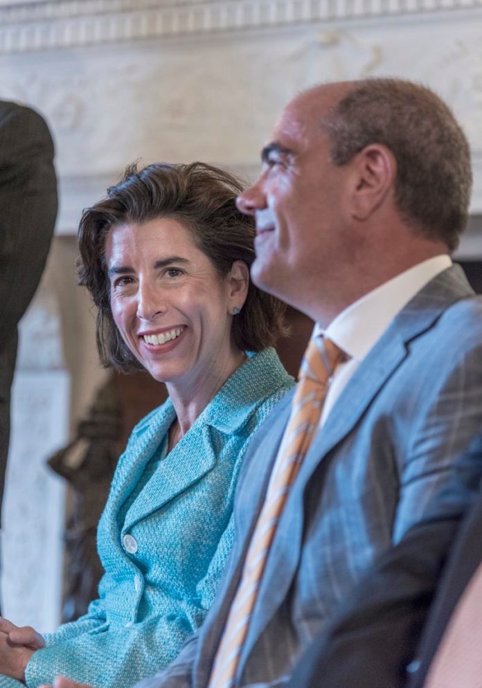 GOV. GINA M. RAIMONDO welcomes General Electric Senior Vice President and Chief Financial Officer Jeffrey S. Bornstein to the Statehouse as part of the June announcement that GE Digital would be creating an office in Providence. / PBN FILE PHOTO/MICHAEL SALERNO