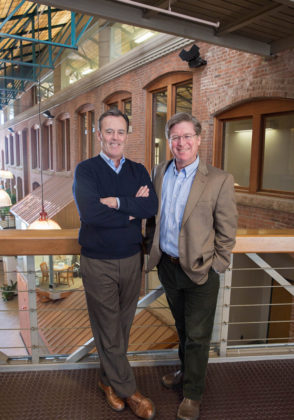 TECH INVESTORS: Slater Technology Fund executives Richard G. Horan, left, senior managing director, and Thorne Sparkman, managing director. The fund has invested about $30 million in early-stage companies from 1997 to 2015, with an estimated $550 million in add-on investments. / PBN PHOTO/TRACY JENKINS