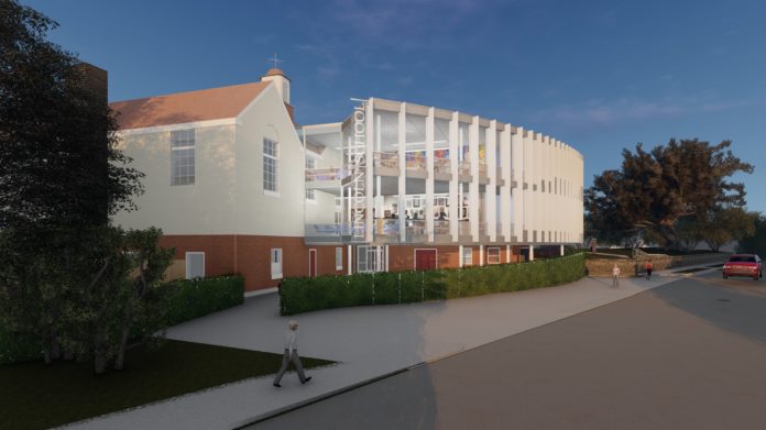 A RENDERING of the design of the new two-story addition to the science wing of the Lincoln School in Providence. Designed by LLB Architects, of Pawtucket, the 3,040-square-foot addition will feature a dramatic glass-curtain wall facing the west and 20 vertical fins, or sun shades, spaced in such a way as to create rolling shade as the sun moves. / COURTESY LLB ARCHITECTS