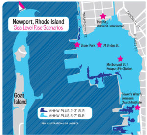 GOING UNDER: MHHW is the mean of the highest of the daily high tides. SLR is sea-level rise. At these varying levels of sea-level rise, the highest of the daily high tides is expected to cover the designated color area. / SOURCE: COASTAL RESOURCES MANAGEMENT COUNCIL